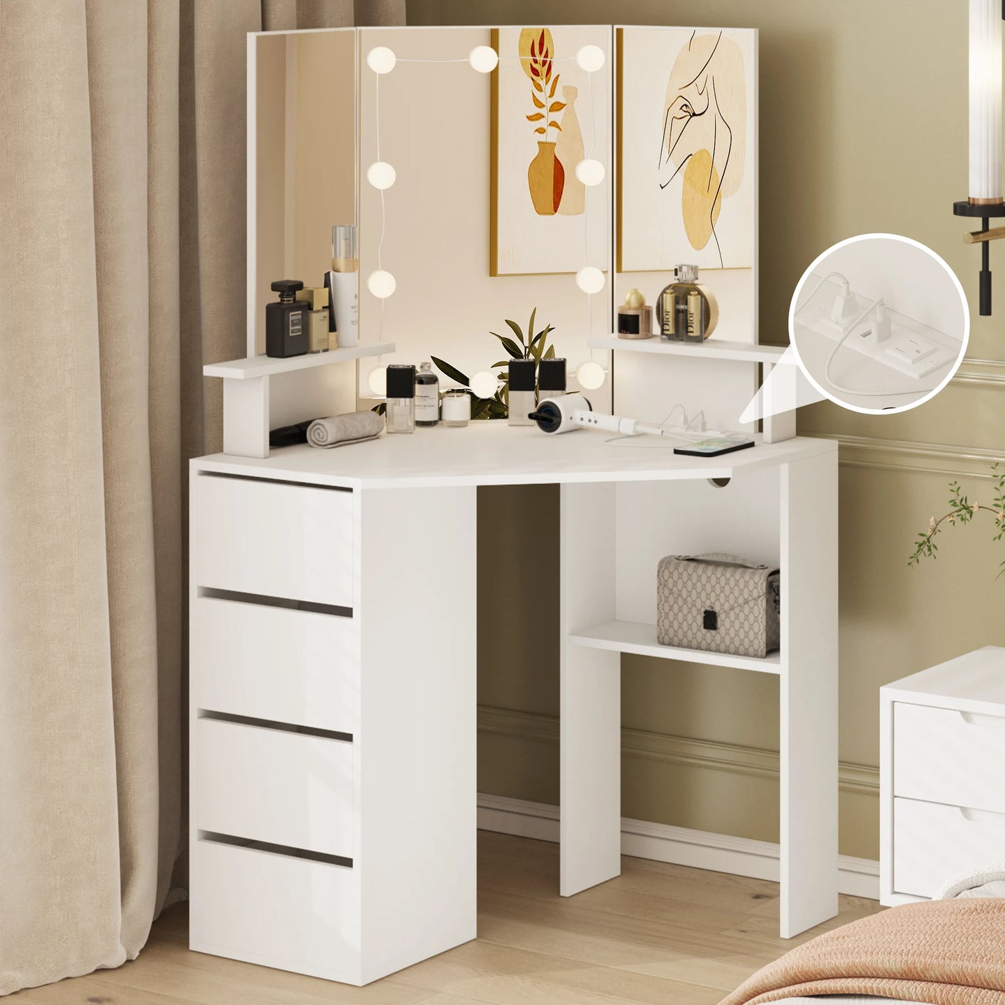 Corner Vanity Makeup Desk with Lights