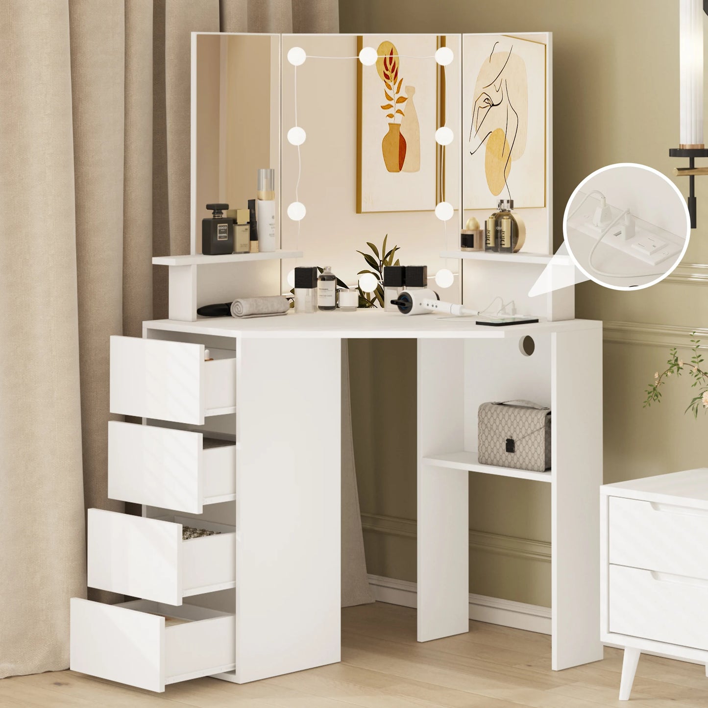 Corner Vanity Makeup Desk with Lights