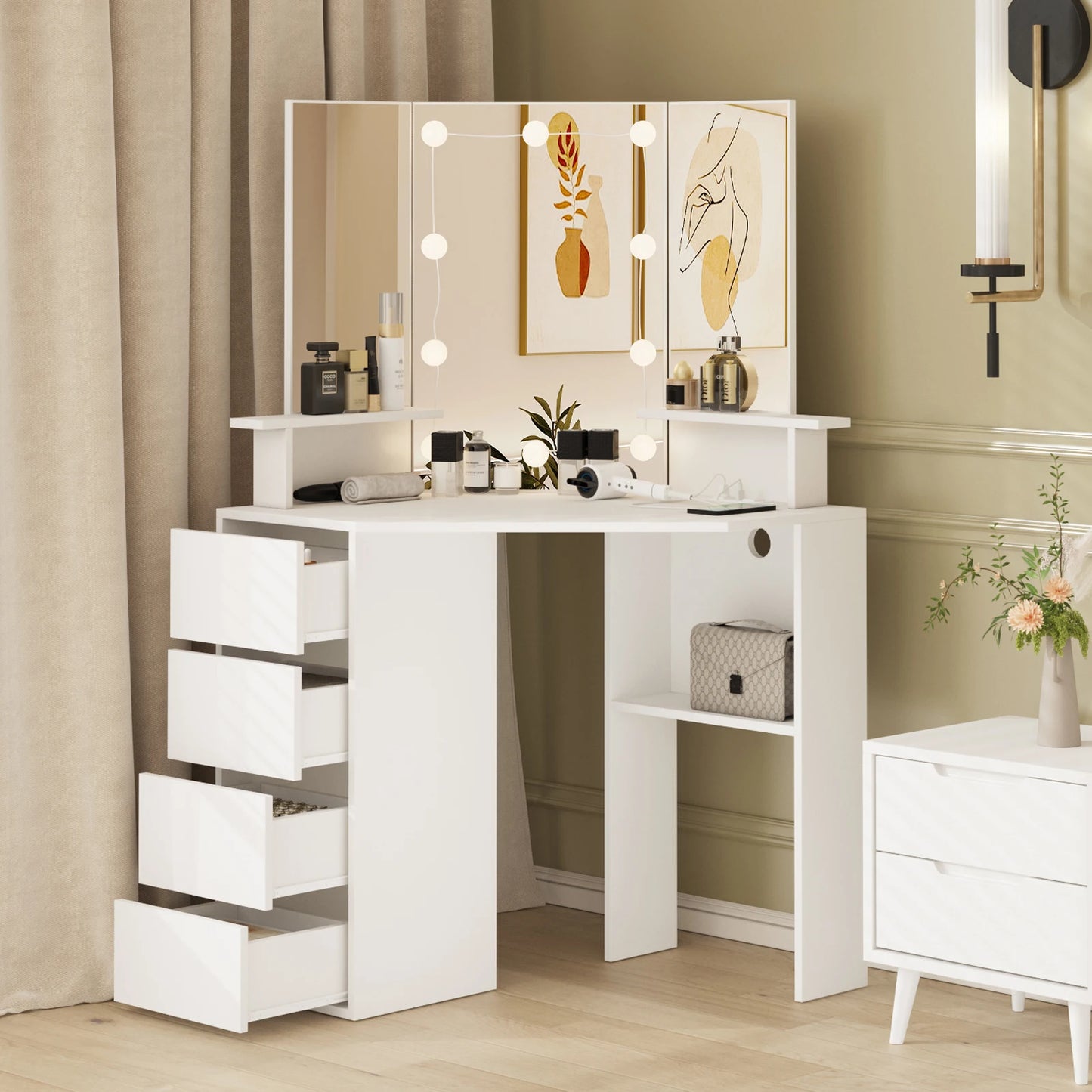 Corner Vanity Makeup Desk with Lights