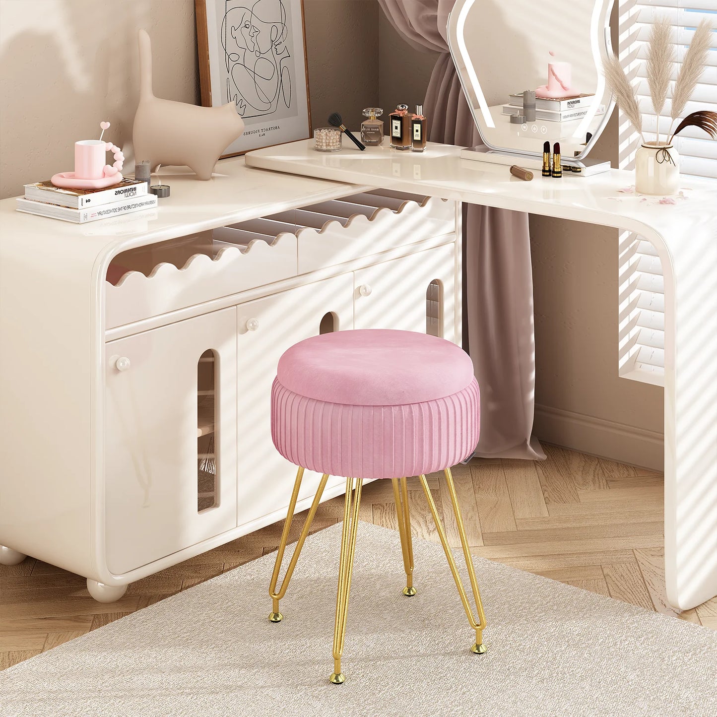 Velvet Vanity Stool with Storage