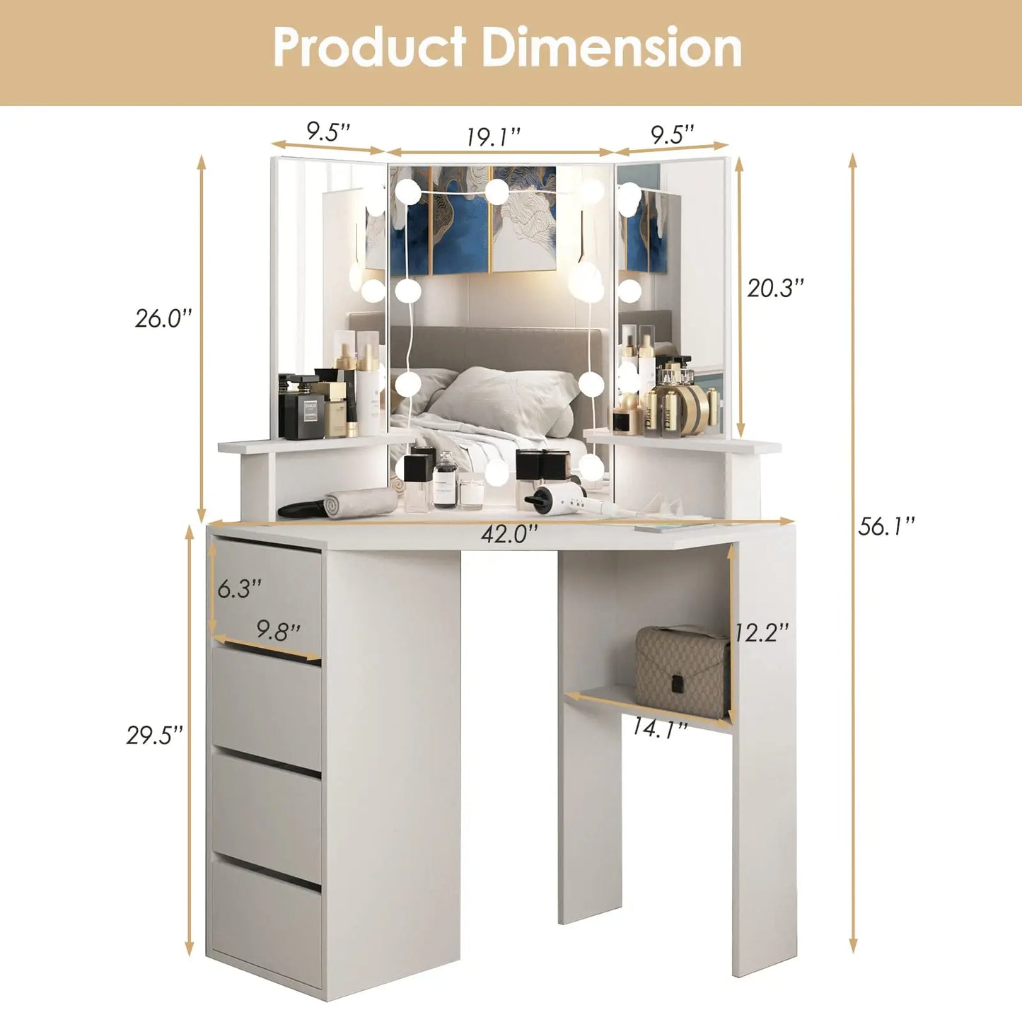 Corner Vanity Makeup Desk with Lights